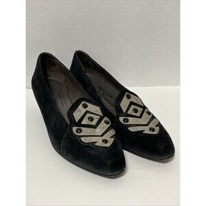 Charles Jourdan Paris Sz 8.5 Suede Black Silver Metal Art Deco Wedge Heel Shoes